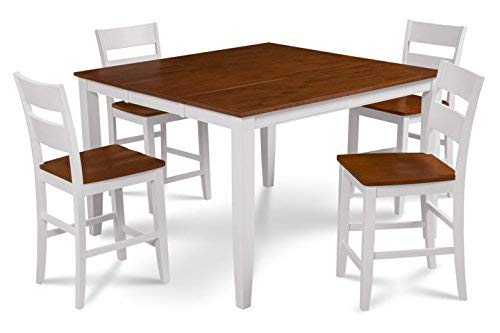 Trithi Furniture Fullerton Extendable Table and Wood Seat Chair in White Counter Height with Cherry Top Color Set of 5