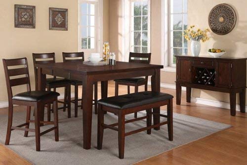 6 pc antique walnut finish wood counter height dining table set with leaf