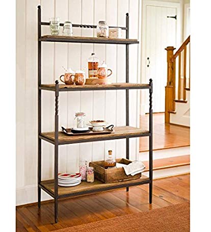 Deep Creek Collection Baker's Rack with Oak Wood Shelves and Iron Metal Frame for Kitchen Storage and Workstation