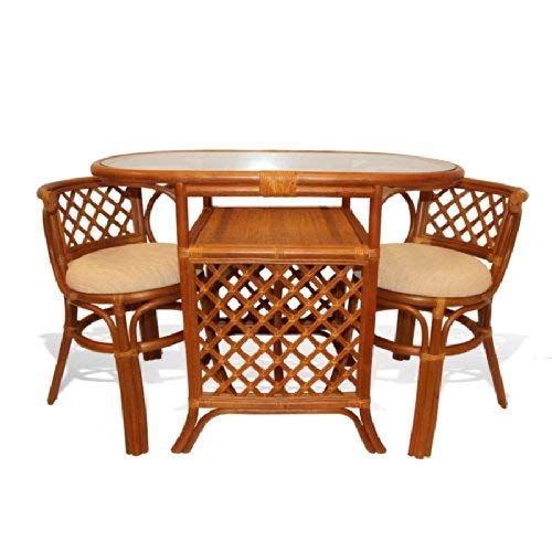 Borneo Compact Dining Set Table with Glass Top +2 Chairs Colonial Handmade Natural Wicker Rattan Furniture