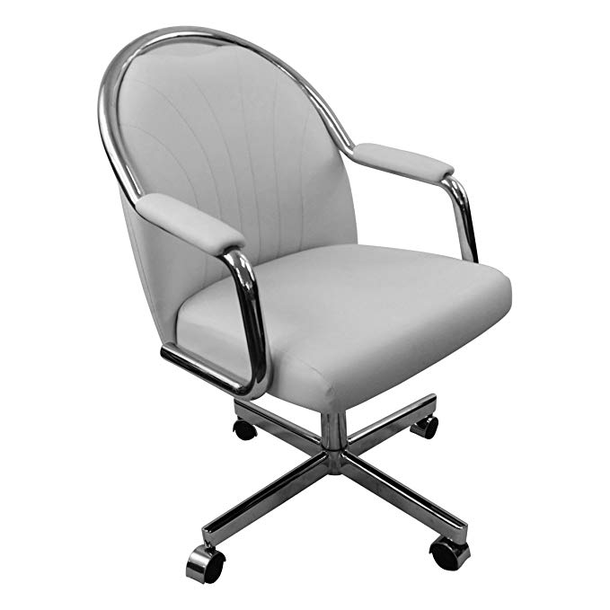 Caster Chair Company Empire Casual Rolling Caster Dining Chair in Chrome Finish with White Leatherette Seat and Back