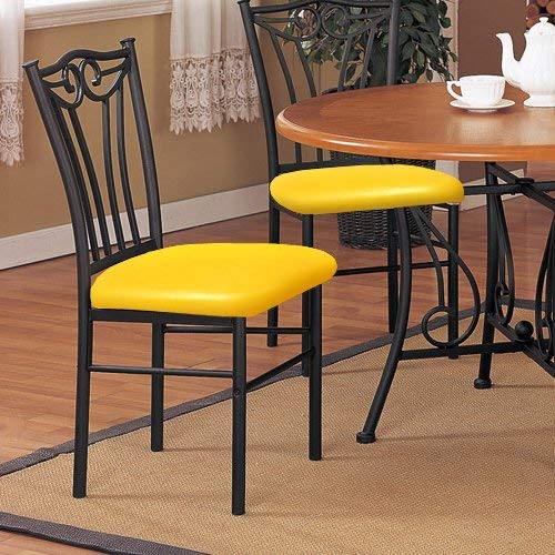 The Furniture Cove 2 New Black Finish Metal Dining Chairs With A Yellow Vinyl Padded Seat Cushion Theme!