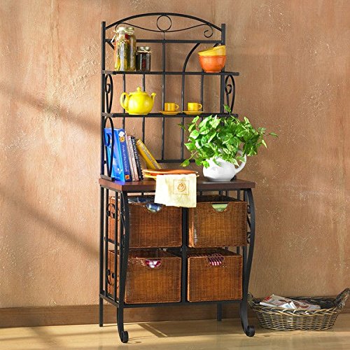 Iron and Wicker Bakers Rack, Black