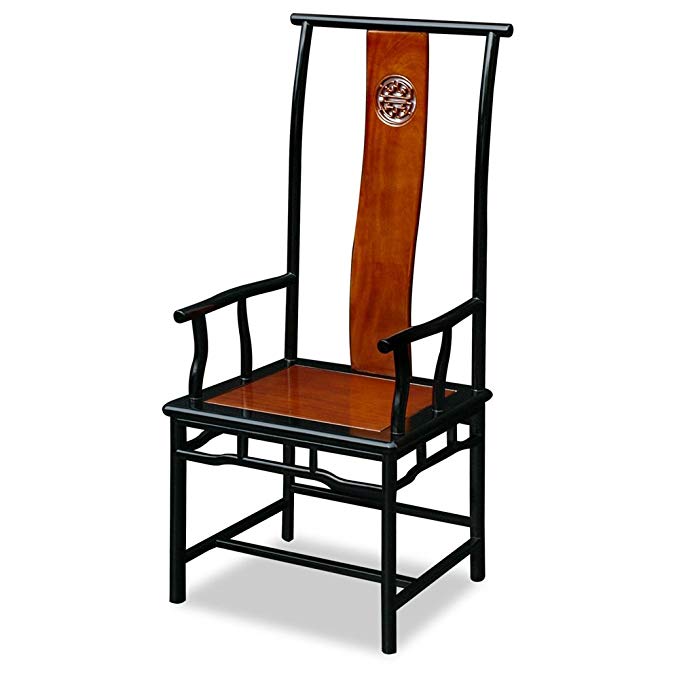 ChinaFurnitureOnline Rosewood Arm Chair, Hand Carved Ming Style Longevity Motif Two Tone Chair Natural and Black Ebony Finish