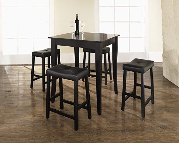 Crosley 5-Piece Pub Dining Set with Cabriole Leg and Upholstered Saddle Stools, Black Finish