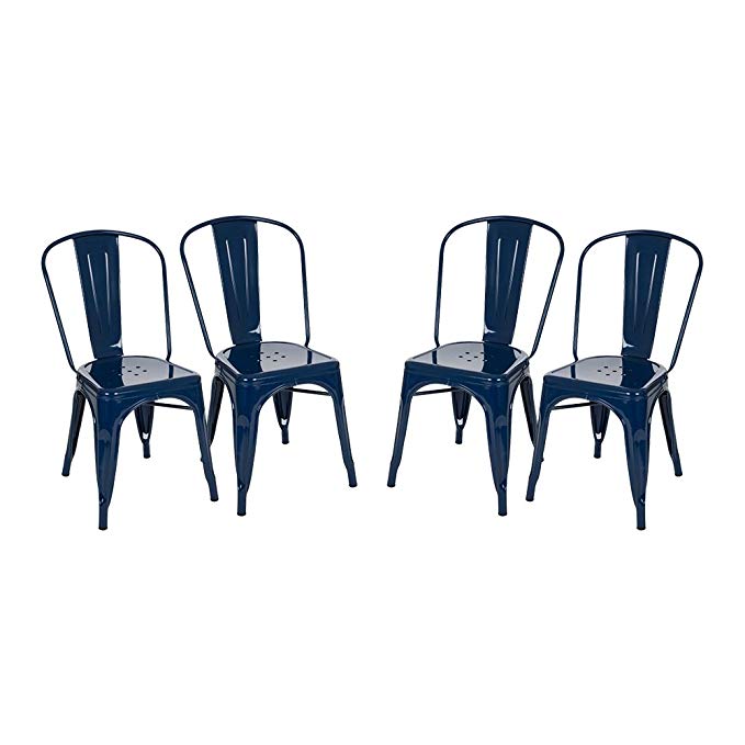 Glitzhome Vintage Stackable Metal Side Chairs Light Navy Blue, Set Of Four