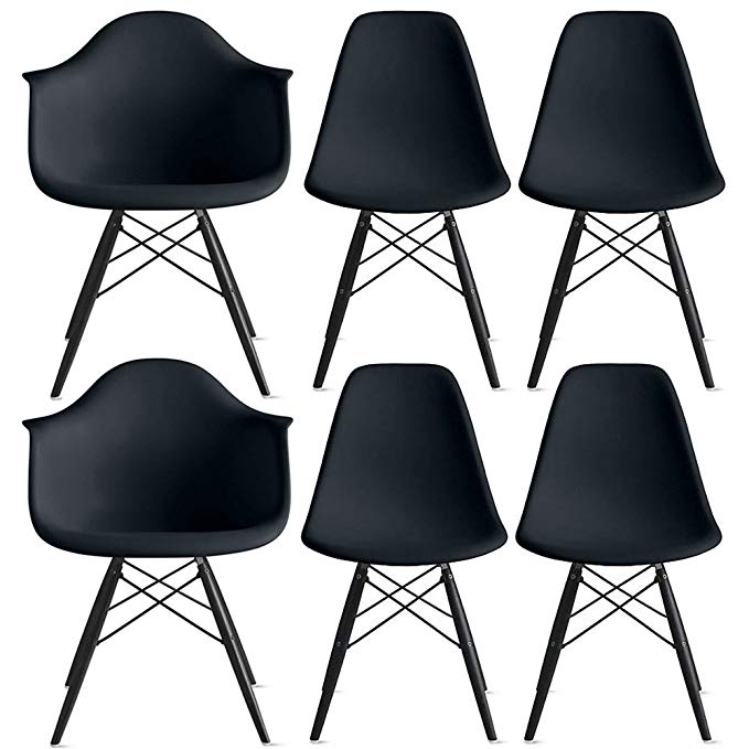 2xhome – Set of Six (6) - Black - Hardwood Solid Wood Black Wood - Dinning Arm Chair - Dinning Side Chair Eames Style Eames Arm Chair Ray Chair Molded Plastic Shell