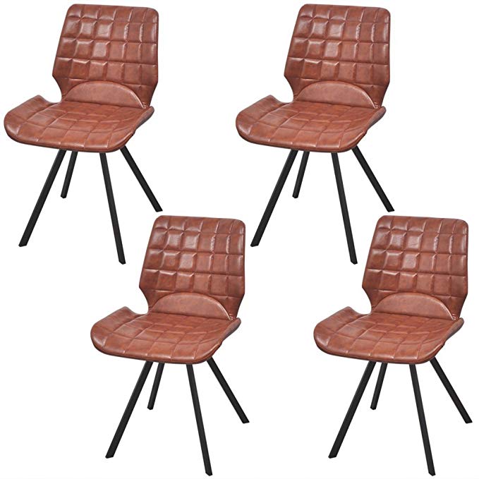 Festnight Set of 4 Home Kitchen Artificial Leather Dining Chairs with Foam-Padded Seat and Steel Frame, Brown