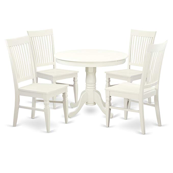 East West Furniture ANWE5-LWH-W 5 PC Set with One Table & 4 Solid Wood Seat Dinette Chairs in a Distinctive Linen White