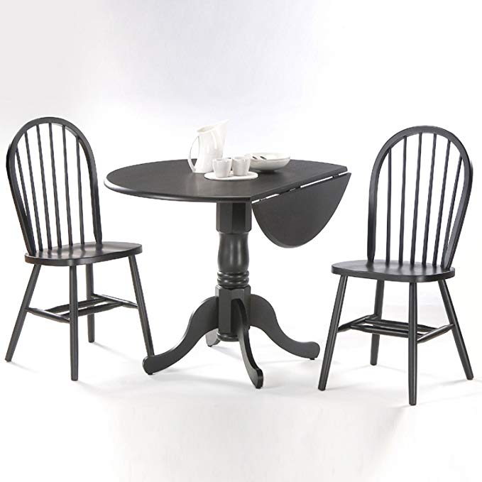 International Concepts 3-Piece 42-Inch Dual Drop Leaf Pedestal Table with 2 Windsor Chairs, Black Finish