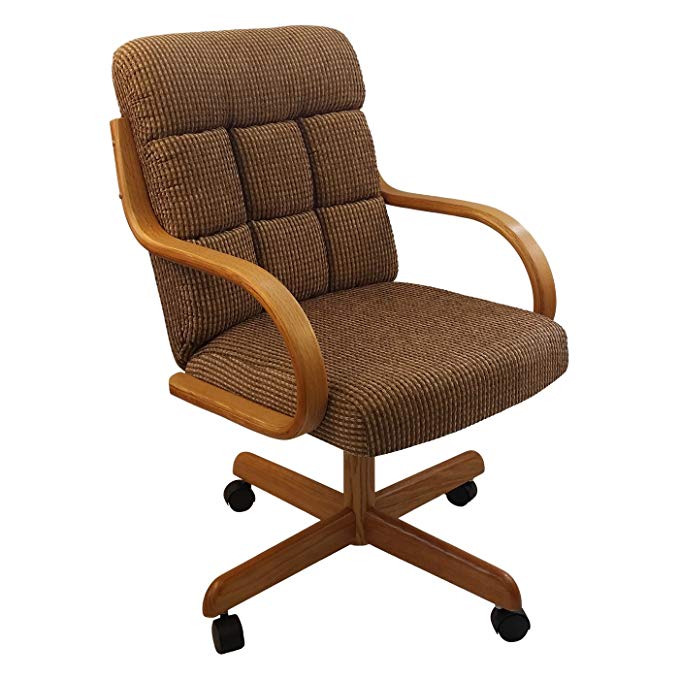 Casual Rolling Caster Dining Chair with Swivel Tilt in Oak Wood with Fabric Seat and Back (1 Chair)