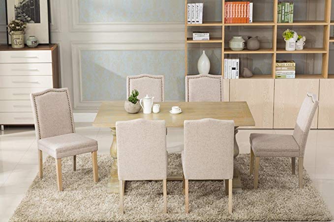 Dara 7 piece dining table set with chairs 6 person seating Beige chair and table set