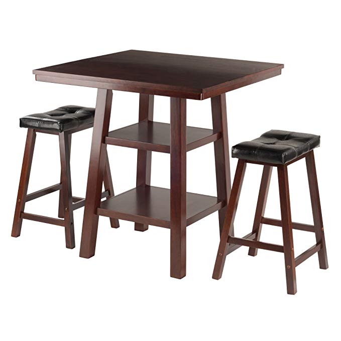 Winsome Wood Orlando 3 Piece Set High Table, 2 Shelves with 2 Cushion Seat Stools