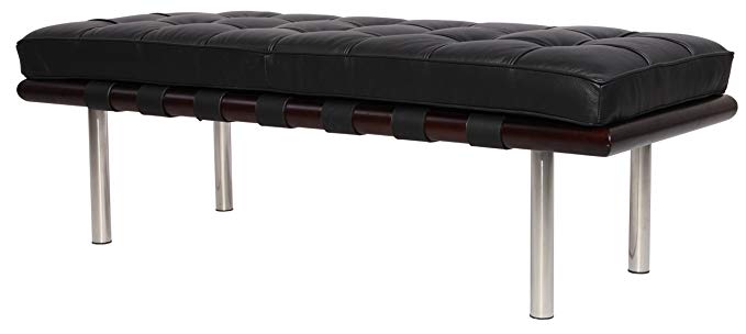 MLF Pavilion Bench (4 Colors/2 Sizes). High Resilient Foam. Italian Leather. Breathability, Steady, Durable, Artistic. Mattress Detachable. (52 Inch, Black Italian Leather + Dark Walnut)