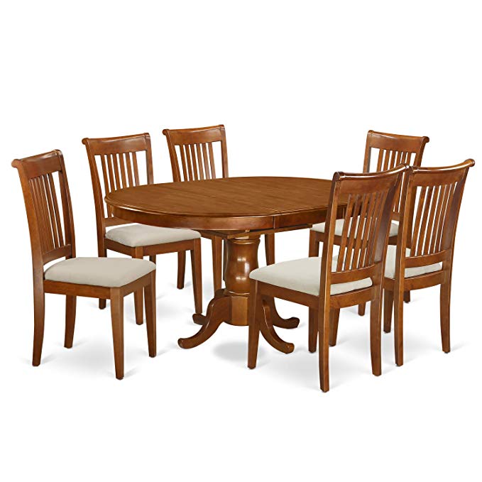 East West Furniture PORT7-SBR-C 7 Piece Dining Table Set with Microfiber Upholstered Seat, Saddle Brown Finish