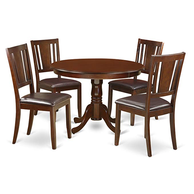 East West Furniture HLDU5-MAH-LC 5 PC Hartland Set with One Round 42in Dinette Table & 4 Kitchen Chairs with Faux Leather Seat in a Attractive Mahogany Finish