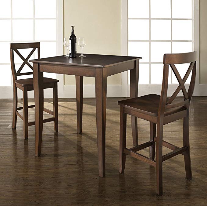 Crosley 3-Piece Pub Dining Set with Cabriole Leg and X-Back Stools, Vintage Mahogany Finish