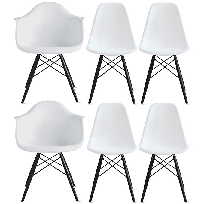 2xhome - Set of Six (6) White - Eames Style Eames Arm Chair Side Ray Chair Molded Plastic Shell Bedroom Dining Side Ray Chair with Brown Wood Eiffel Dowel-Legs Base