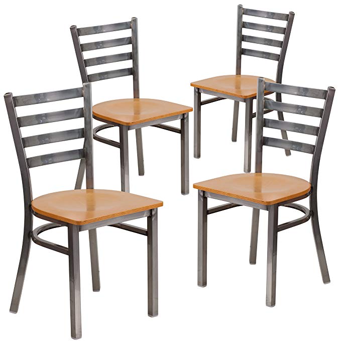 Flash Furniture 4 Pk. HERCULES Series Clear Coated Ladder Back Metal Restaurant Chair - Natural Wood Seat