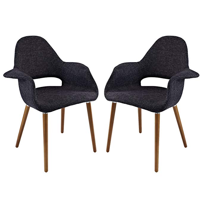 Modway Aegis Mid-Century Modern Upholstered Fabric Organic Two Dining Armchair Set With Wood Legs In Black