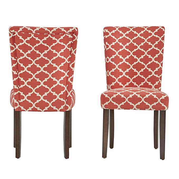 ModHaus Modern Red Fabric Moroccan Quatrefoil Pattern Parsons Style Dining Chairs | Wood Finish Wooden Legs - Set of 2 Includes ModHaus Living (TM) Pen