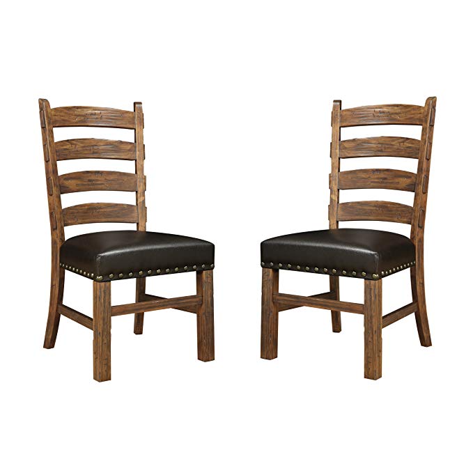 Emerald Home Chambers Creek Brown Dining Chair with Upholstered Faux Leather Seat, Ladder Back, and Nailhead Trim, Set of Two