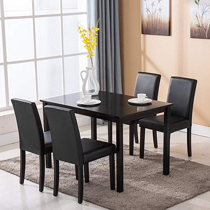 Mecor 5 Piece Dining Table Set Wood Table/4 Leather Chairs Kitchen Room Breakfast Furniture(Black)