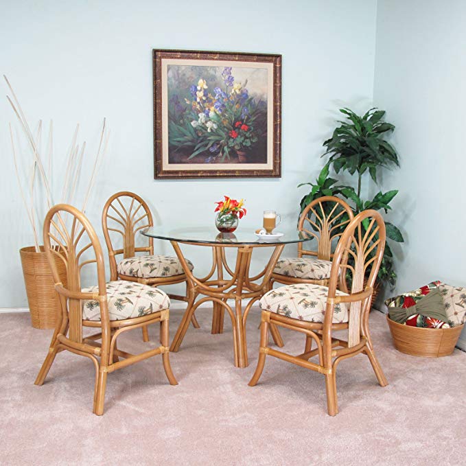 Premium Rattan Dining Furniture Sundance 5PC Set Regal Brand Jacquard Fabric Palm Tree (Honey Finish)