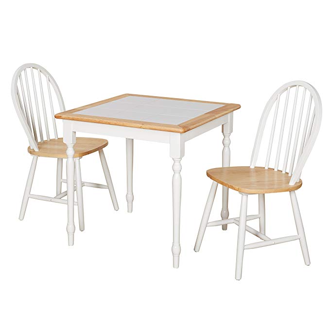 Target Marketing Systems 20339 3PC Tile Top Windsor Wooden Dining Set, White/Natural