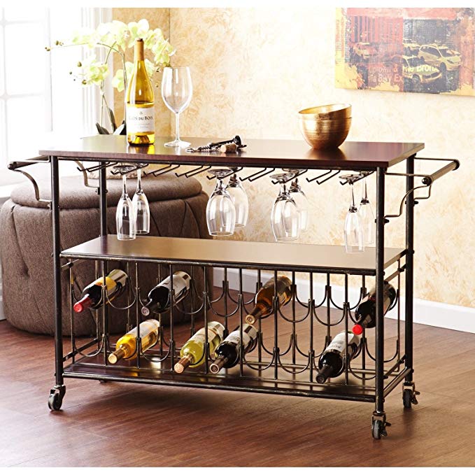 Wine Bar Cart Serving Table Espresso & Black. Home Tuscany Rolling Rack Makes An Elegant Kitchen Island or Dining Room Furniture Piece Guaranteed. Party Perfect With It's Sturdy Iron Metal & Wood, Locking Casters, Shelves, & Has Room For 18 Bottles.