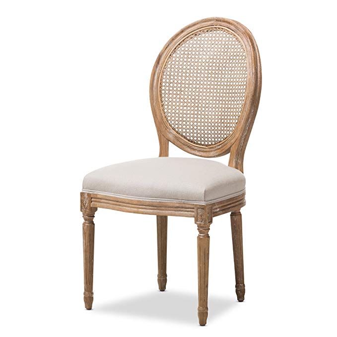 Baxton Studio Darleneweathered Oak Round Cane Back Beige Fabric Upholstered Dining Side Chair