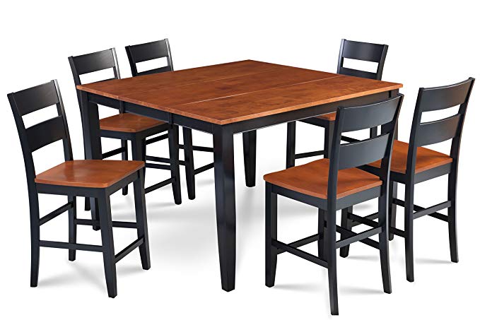 Trithi Furniture Fullerton Extendable Table and Wood Seat Chair in Black Counter Height with Cherry Top Color Set of 7