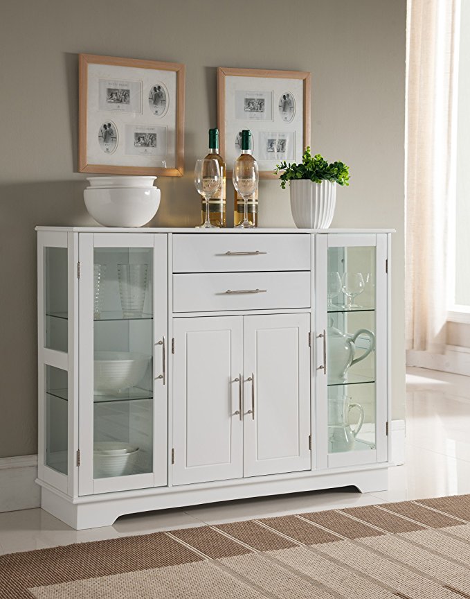 Kings Brand Kitchen Storage Cabinet Buffet with Glass Doors, White