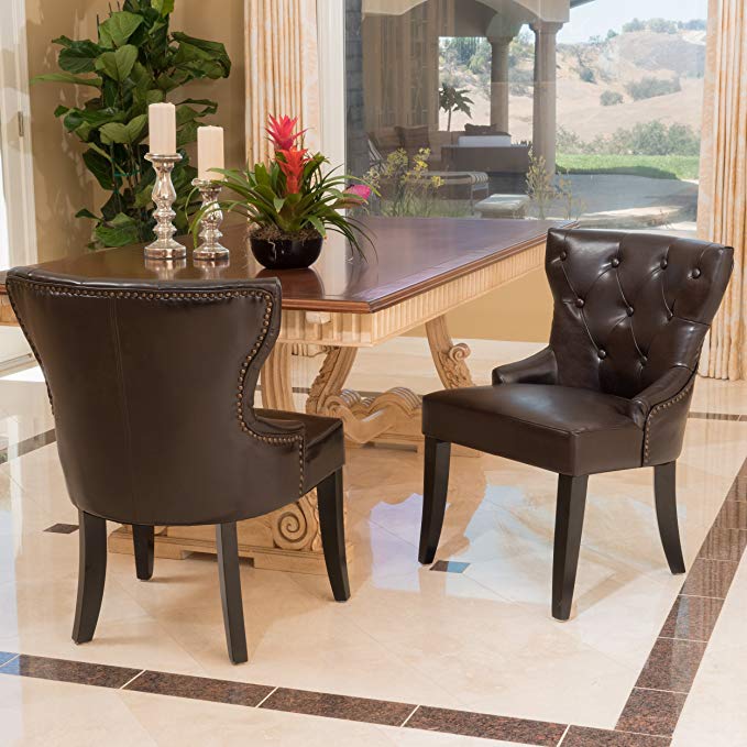 GDF Studio Zatgan Brown Leather Tufted Dining Chair (Set of 2)