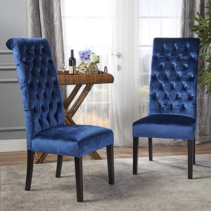 Leona Tall Back Tufted New Velvet Dining Chair (Set of 2) (Navy Blue)