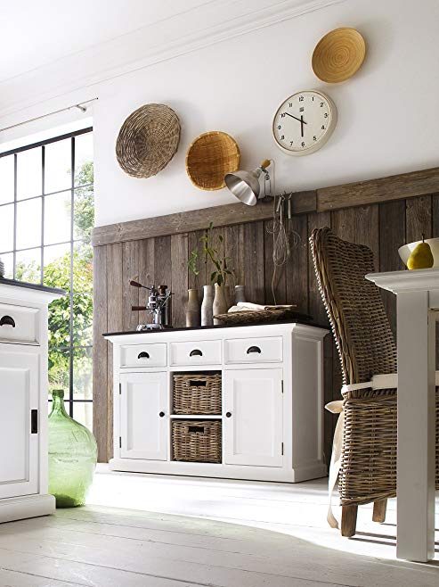 NovaSolo Halifax Contrast Pure White Mahogany Wood Sideboard Dining Buffet With Storage, 3 Drawers And 2 Rattan Baskets