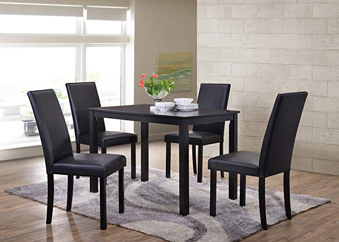 Kings Brand Wood Dining Dinette - Kitchen Table & 4 Upholstered Parson Chairs (Black)