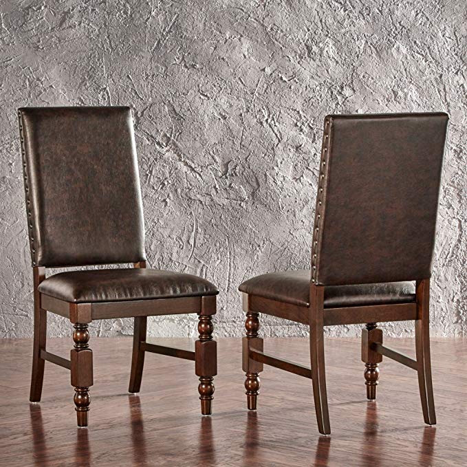 ModHaus Living Modern Rustic Upholstered Accent Dining Chairs with Nailhead and Wood Legs (Set of 2) - Includes Pen (Brown PU)