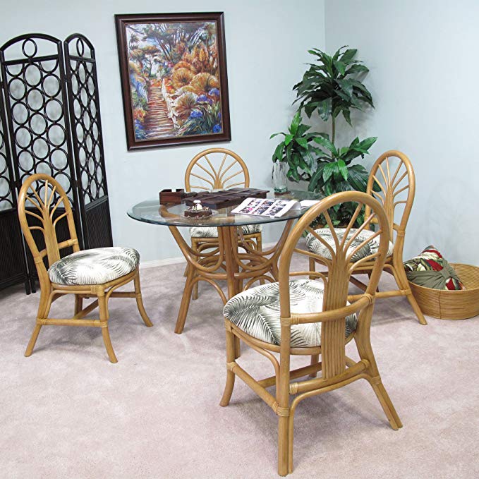 Premium Rattan Dining Furniture Sundance 5PC Set Mana Natural Tropical Big Kahuna Fabric (Honey Finish)