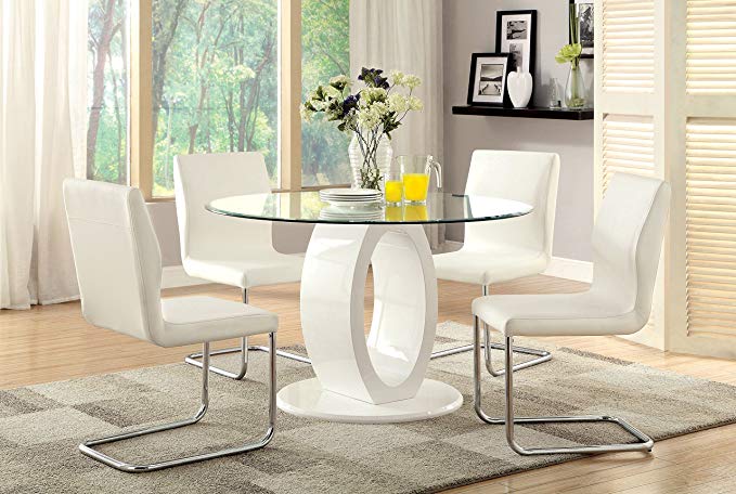 Furniture of America Quezon 5-Piece Round Glass Top Pedestal Dining Set, White