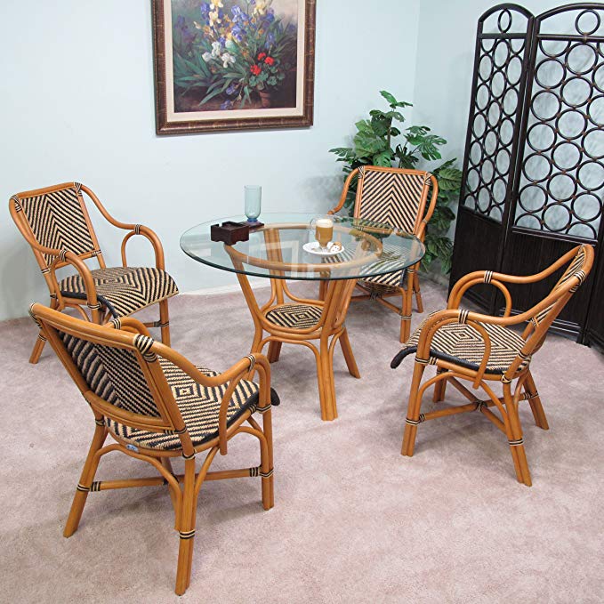 Safi Rattan Dining Furniture 5PC Set [4-Chairs and 1-Table w/ Glass]