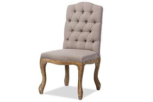 Baxton Studio Hudson Chic Rustic French Country Cottage Weathered Oak Button Tufted Dining Chair with Beige Fabric