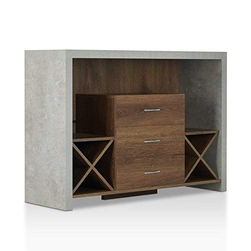 Don't Wait Buy This Modern Style Sideboard in Distressed Walnut Made of MDF & Paticleboard With 3 Storage Drawers & Dual X-shaped Wine Racks & 3 Open Shelves and Stone-like Finished Exterior Frame