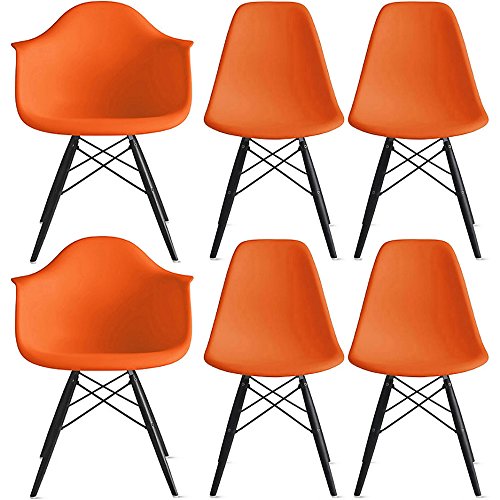 2xhome – Set of Six (6) - Orange - Hardwood Solid Wood Black Wood - Dinning Arm Chair - Dinning Side Chair Eames Style Eames Arm Chair Ray Chair Molded Plastic Shell