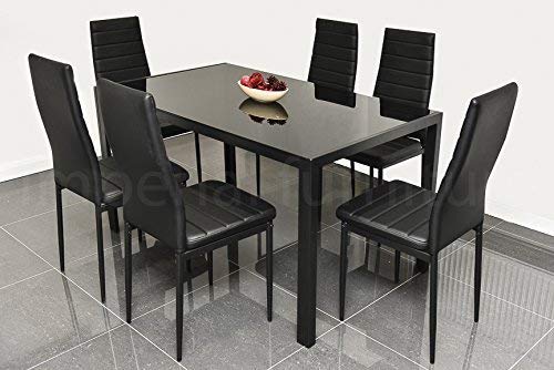 EBS 7 Piece Kitchen Dining Table Set for 6 with Modern Glass Top Table and Rust Resistant Metal Chairs Rectangular Black