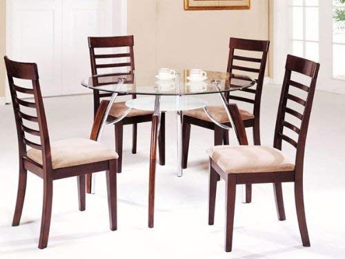 5 pc metal and glass dining table set with wood trim legs and wood chairs