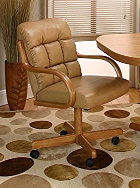 Casual Rolling Caster Dining Chair with Swivel Tilt in Oak Wood with Bonded Leather Seat and Back (Set of 2) (Oak Wood With Bonded Leather)