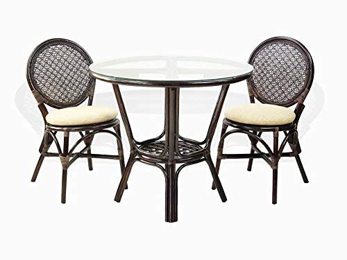 3 Pc Rattan Wicker Dining Set Round Table Glass Top+2 Denver Side Chairs. Dark Brown