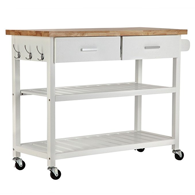 NEW Open Storage White, Kitchen Deluxe Kitchen Storage Cart Island w/ Rubberwood Cutting Block on Wheel