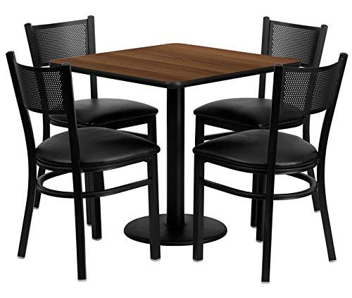 30'' Square Walnut Laminate Table Set with 4 Grid Back Metal Chairs - Black Vinyl Seat [MD-0005-GG]